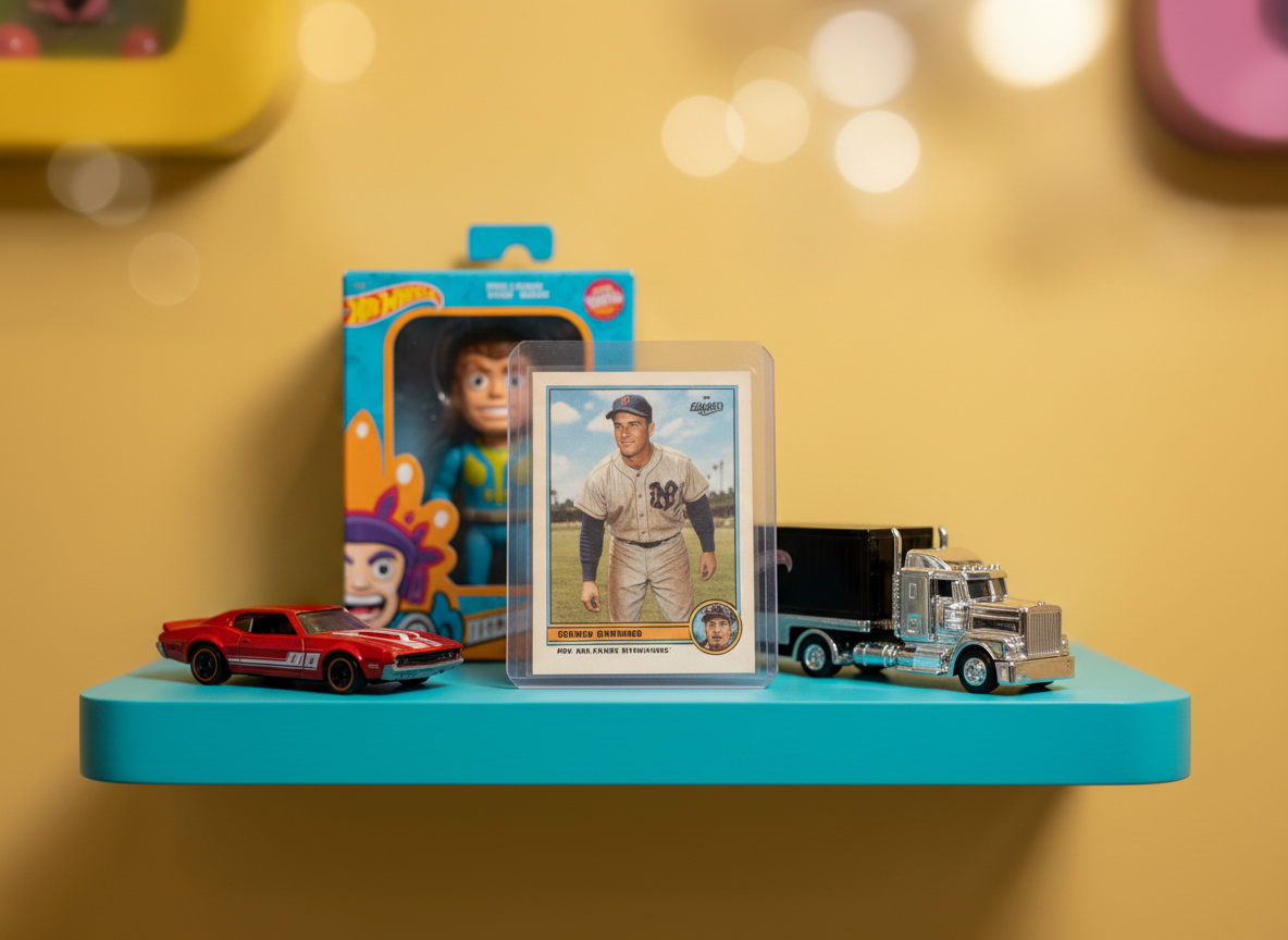 A close-up, eye-level photographic scene of a small, whimsical “featured favorites” shelf: a mint-condition vintage baseball card in a clear rounded-top display case, flanked by a candy-red Hot Wheels car and a chrome-accented diecast truck. Behind them, a boxed sci-fi action figure with exaggerated, cartoonish artwork peeks out, its packaging corners softly curved. The shelf is painted a bright turquoise with a satin finish, set against a warm yellow wall. Soft, even studio lighting casts gentle, rounded shadows and subtle highlights on glossy surfaces. The composition is tightly framed with a shallow depth of field, making the central collectibles pop while the background melts into colorful bokeh. The atmosphere is playful, vibrant, and slightly nostalgic, perfectly capturing the energetic personality of a modern collectibles shop.