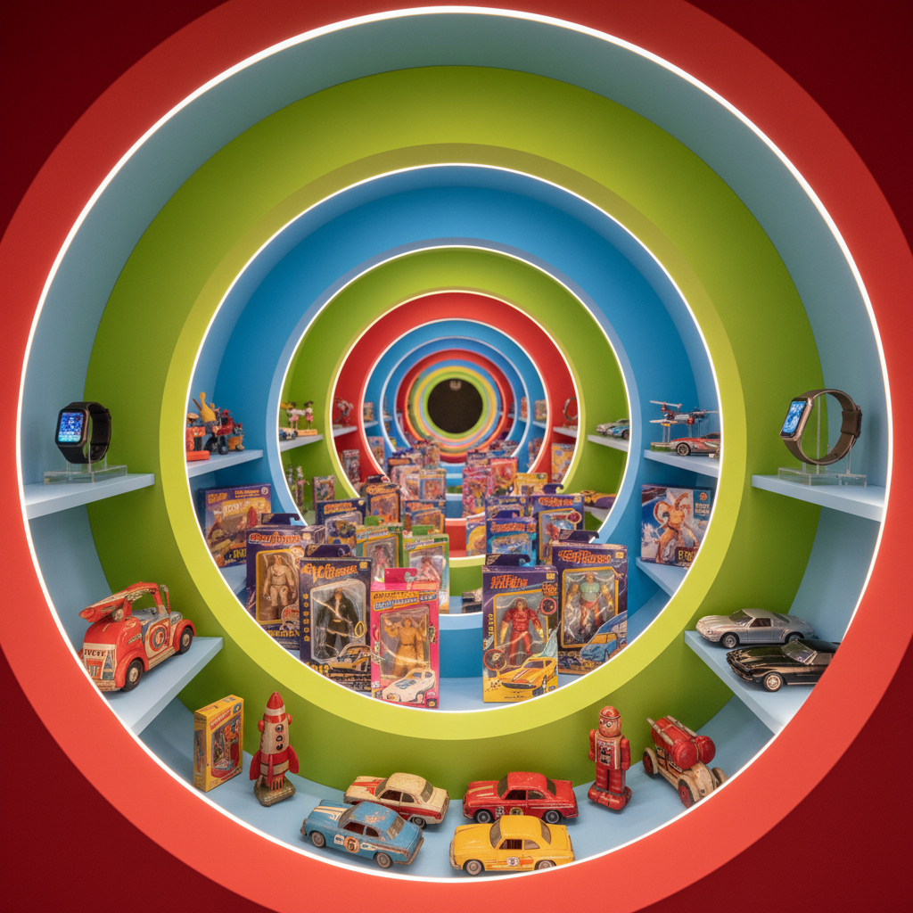 A nostalgic, photographic close-up of a playful “time tunnel” display: concentric rounded shelves painted in alternating candy colors—cherry red, sky blue, lime green—each holding era-specific collectibles. The forefront shelf features 1950s tin toys and early diecast cars with slightly worn paint and charming decals; the middle shelves display 1980s action figures in bold, neon-boxed packaging; the deepest shelves show modern gadgets and sleek diecast models with glossy finishes. Soft, warm front lighting combined with subtle backlighting inside the tunnel creates glowing halos around each shelf layer, emphasizing depth. Shot straight on at eye level with a medium depth of field, the center remains sharp while outer rings softly blur. The mood is playful and time-travel-like, inviting viewers to journey from the 1950s through today in one vibrant, rounded composition.