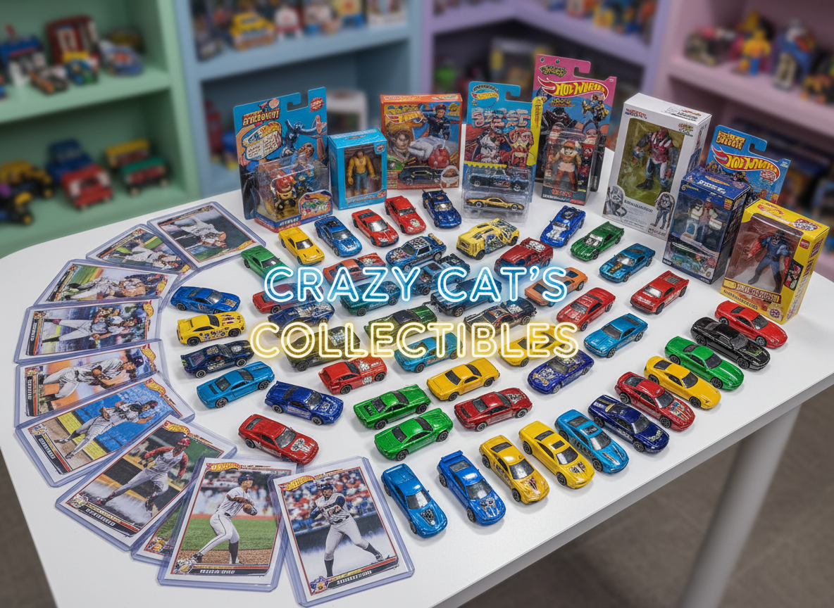 A playful overhead photographic shot of a brightly lit display table overflowing with collectibles: glossy baseball cards in semi-transparent plastic sleeves fanned out in vivid reds and blues, shiny Hot Wheels and diecast cars in metallic paints, and boxed action figures with colorful retro-style packaging. The table is a smooth white surface with rounded edges, set against a softly blurred background of pastel-colored shelving. Diffused studio lighting creates gentle reflections on the plastic and metal, emphasizing curves and rounded forms. The composition follows the rule of thirds, with a shallow depth of field that keeps the center crisp and edges softly out of focus. The mood is energetic and inviting, with bright colors and whimsical arrangement conveying the joyful chaos of CRAZY CAT’S COLLECTIBLES in photographic realism.