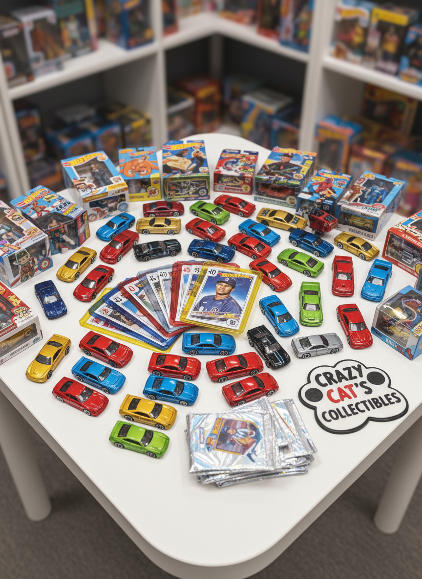 A playful overhead photographic shot of a brightly lit display table overflowing with collectibles: glossy baseball cards in semi-transparent plastic sleeves fanned out in vivid reds and blues, shiny Hot Wheels and diecast cars in metallic paints, and boxed action figures with colorful retro-style packaging. The table is a smooth white surface with rounded edges, set against a softly blurred background of pastel-colored shelving. Diffused studio lighting creates gentle reflections on the plastic and metal, emphasizing curves and rounded forms. The composition follows the rule of thirds, with a shallow depth of field that keeps the center crisp and edges softly out of focus. The mood is energetic and inviting, with bright colors and whimsical arrangement conveying the joyful chaos of CRAZY CAT’S COLLECTIBLES in photographic realism.