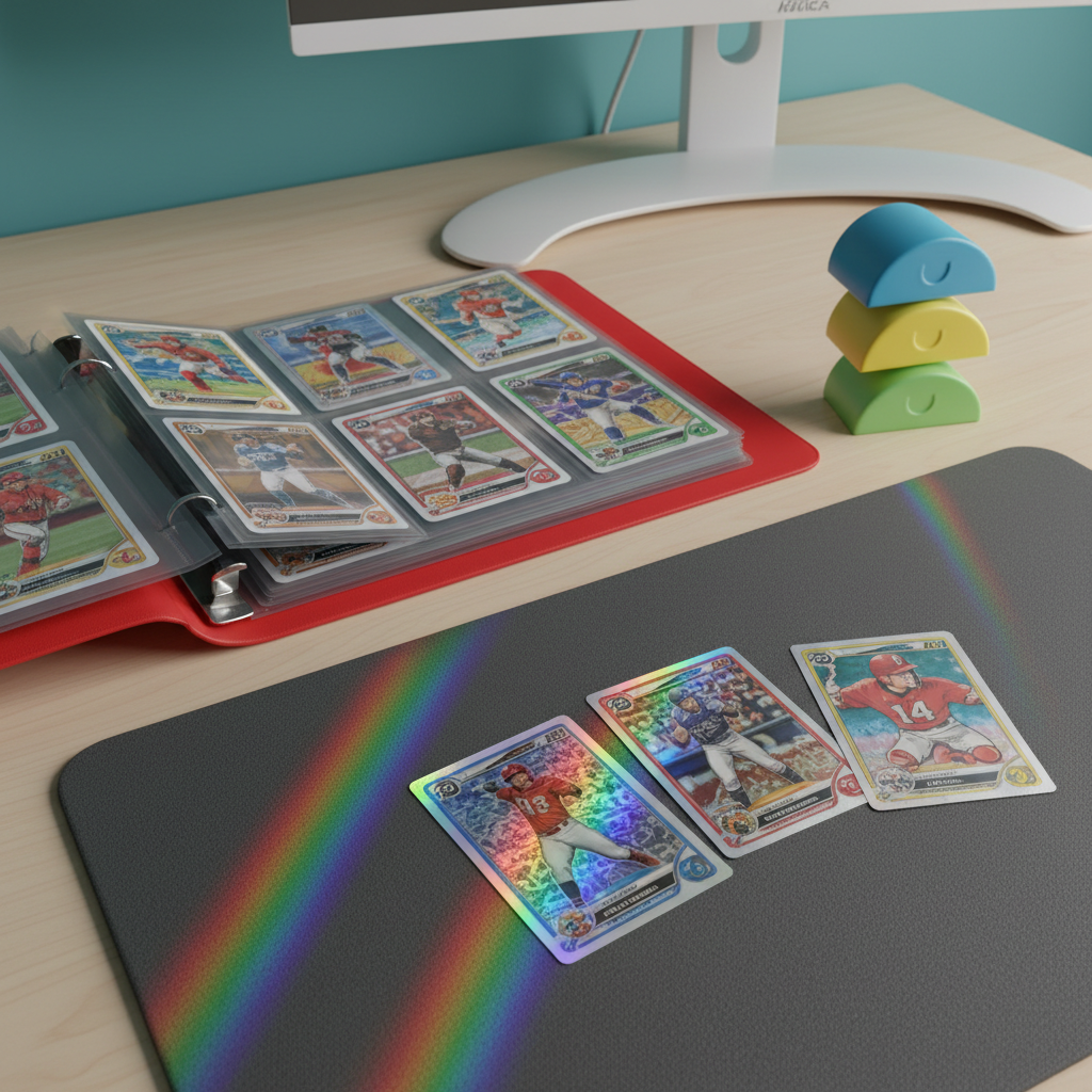 A dynamic, slightly elevated photographic view of an organized trading card workstation: a bright red binder with rounded corners lies open on a smooth light-wood desk, pages filled with neatly arranged baseball and non-sports cards in clear sleeves. Beside it, small color-coded storage boxes with curved lids are stacked like cheerful building blocks, and a few holographic cards rest on a soft foam mat, catching the light with rainbow reflections. A matte teal wall and a curved-edged monitor stand create a clean, modern background. Soft overhead LED lighting and a subtle side light produce crisp but gentle shadows, highlighting textures without harshness. The composition is asymmetrical yet balanced, with sharp focus throughout. The mood is energetic yet organized, evoking the satisfaction of sorting and cataloging a beloved collection.