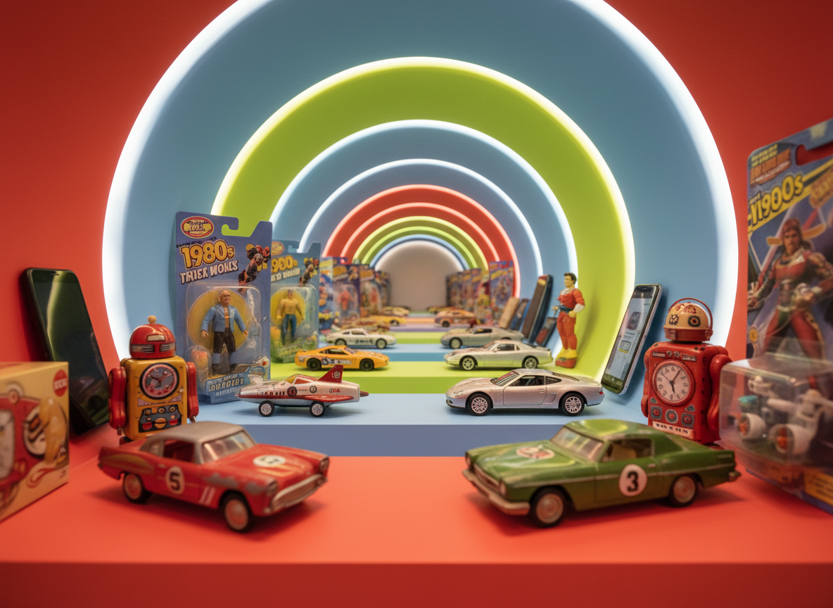 A nostalgic, photographic close-up of a playful “time tunnel” display: concentric rounded shelves painted in alternating candy colors—cherry red, sky blue, lime green—each holding era-specific collectibles. The forefront shelf features 1950s tin toys and early diecast cars with slightly worn paint and charming decals; the middle shelves display 1980s action figures in bold, neon-boxed packaging; the deepest shelves show modern gadgets and sleek diecast models with glossy finishes. Soft, warm front lighting combined with subtle backlighting inside the tunnel creates glowing halos around each shelf layer, emphasizing depth. Shot straight on at eye level with a medium depth of field, the center remains sharp while outer rings softly blur. The mood is playful and time-travel-like, inviting viewers to journey from the 1950s through today in one vibrant, rounded composition.