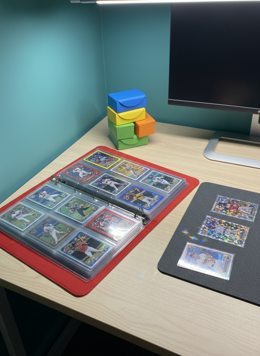 A dynamic, slightly elevated photographic view of an organized trading card workstation: a bright red binder with rounded corners lies open on a smooth light-wood desk, pages filled with neatly arranged baseball and non-sports cards in clear sleeves. Beside it, small color-coded storage boxes with curved lids are stacked like cheerful building blocks, and a few holographic cards rest on a soft foam mat, catching the light with rainbow reflections. A matte teal wall and a curved-edged monitor stand create a clean, modern background. Soft overhead LED lighting and a subtle side light produce crisp but gentle shadows, highlighting textures without harshness. The composition is asymmetrical yet balanced, with sharp focus throughout. The mood is energetic yet organized, evoking the satisfaction of sorting and cataloging a beloved collection.